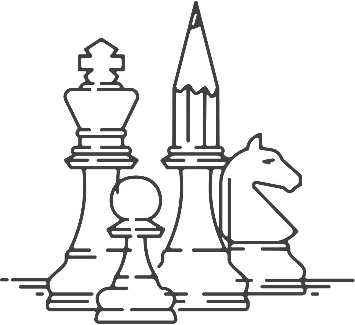 Chess pieces with one that is sharpened like a pencil